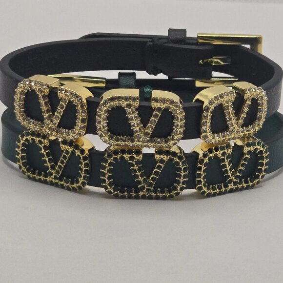 Valentino V Logo Signature Leather Bracelet in Black or Green - Picture 14 of 16